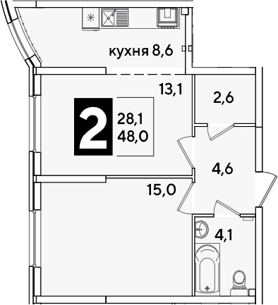 2-комн., 48 м², 2/16 этаж, ЖК «Самолет»