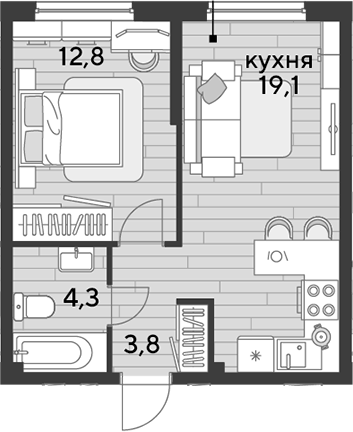 1-комн., 40 м², 2/16 этаж, ЖК «DОГМА ПАРК»