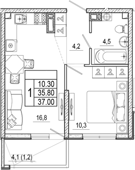 2-комн., 35.8 м², 11/17 этаж, ЖК «Лестория»