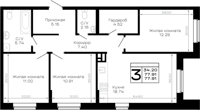 3-комн., 77.91 м², 1/4 этаж, ЖК «Усадьба Гостагаевская»