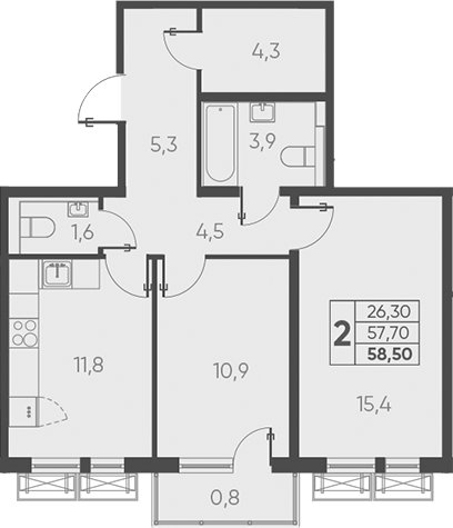 2-комн., 57.7 м², 19/24 этаж, ЖК «Барса»