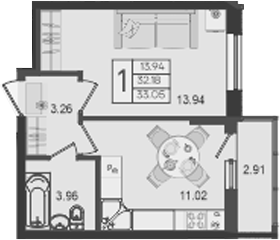 1-комн., 32.18 м², 2/18 этаж, ЖК «Дом 101»