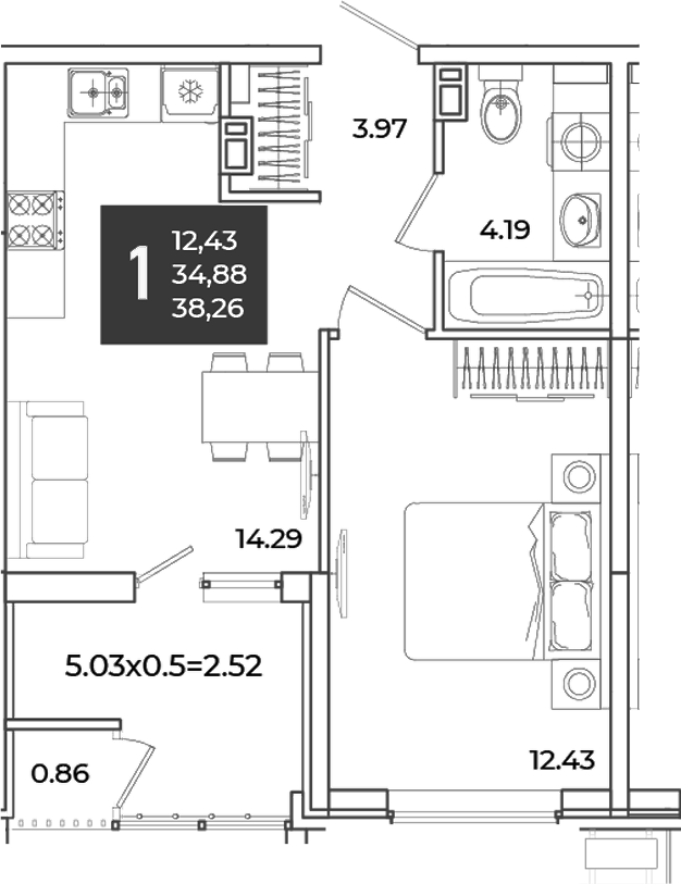 1-комн., 34.88 м², 10/18 этаж, ЖК «Образцово»