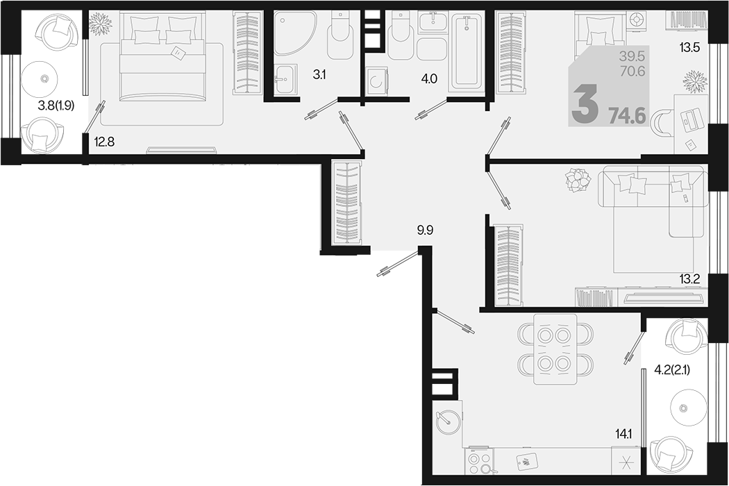 3-комн., 70.6 м², 5/9 этаж, ЖК «Первое место»