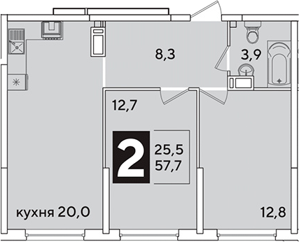 3-комн., 57.7 м², 13/16 этаж, ЖК «Самолет»