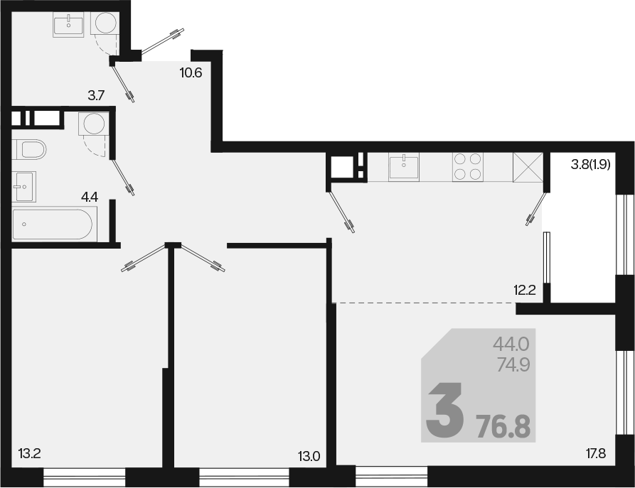 3-комн., 74.9 м², 9/18 этаж, ЖК «Первое место»