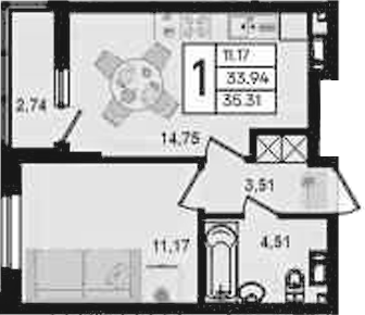 1-комн., 33.94 м², 5/9 этаж, ЖК «Дом 101»