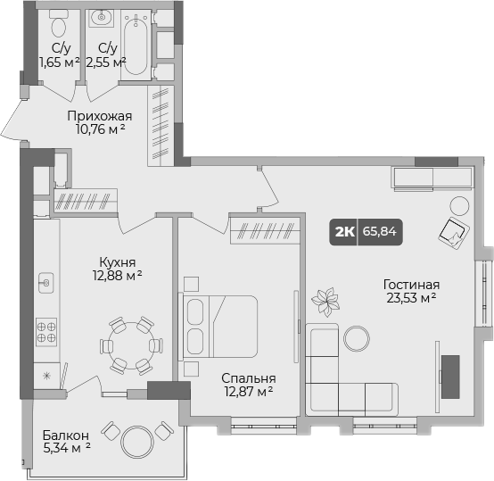 2-комн., 64.24 м², 15/17 этаж, ЖК «Золотой берег. СЗ Среда»