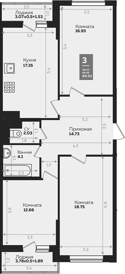 3-комн., 86.51 м², 9/24 этаж, ЖК «Левада»