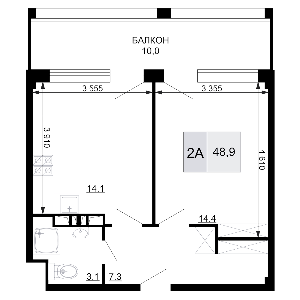 2-комн., 38.9 м², 8/9 этаж, ЖК «Гостиничный комплекс Мореград»