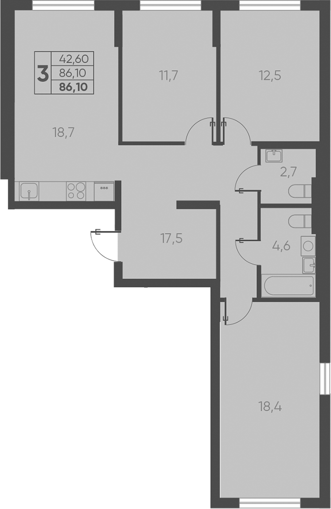 3-комн., 86.1 м², 1/15 этаж, ЖК «Барса»