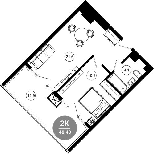 2-комн., 36.5 м², 4/10 этаж, ЖК «Гостиничный комплекс GREENMONT»