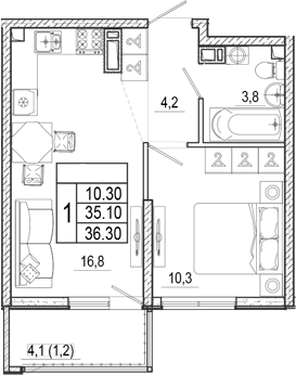 2-комн., 35.1 м², 13/17 этаж, ЖК «Лестория»