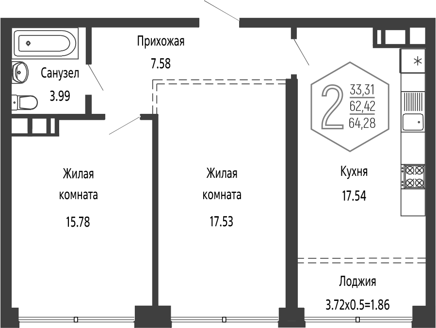 Продается 3-комн. квартира, 62.42 м²