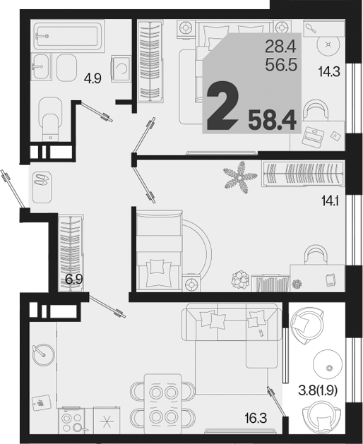 Продается 2-комн. квартира, 56.5 м²
