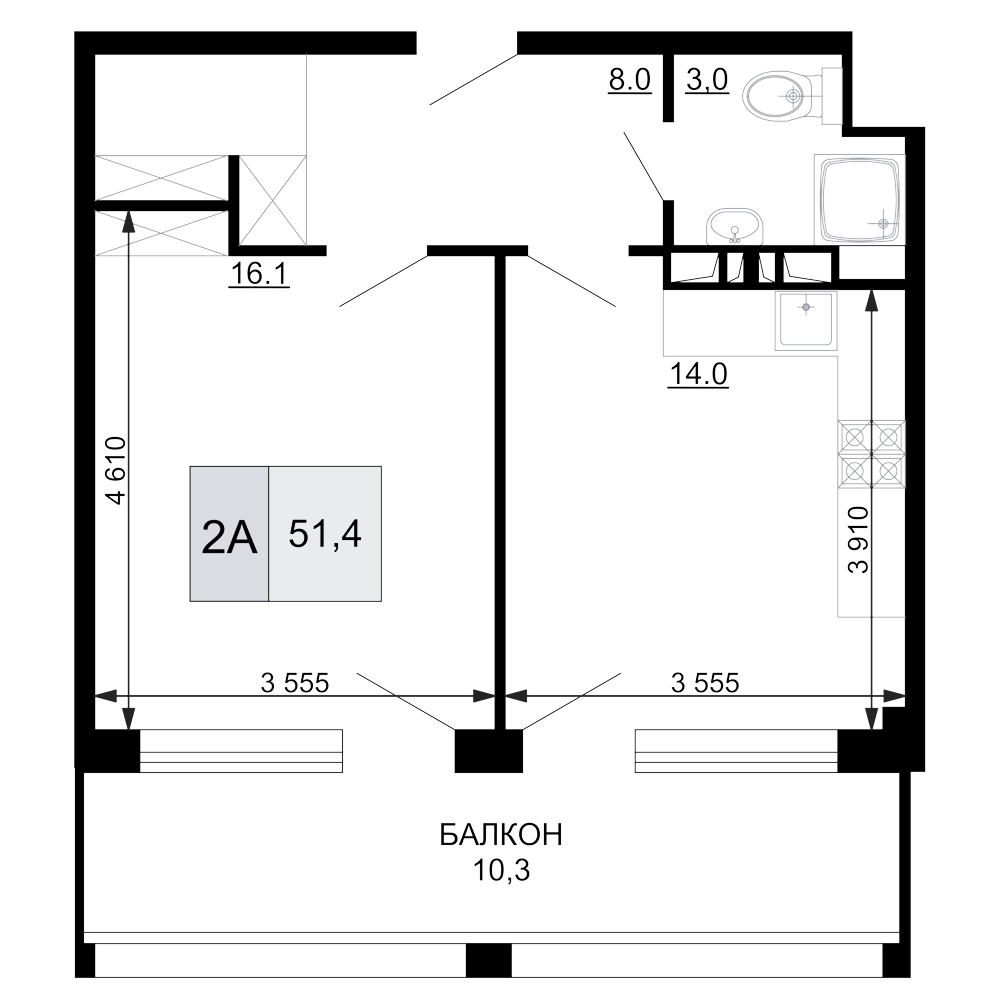 2-комн., 41.1 м², 9/9 этаж, ЖК «Гостиничный комплекс Мореград»