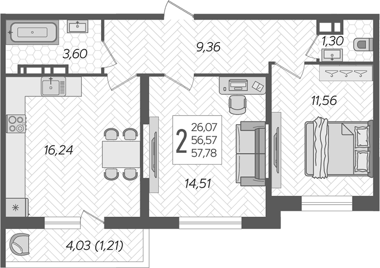 2-комн., 56.57 м², 1/12 этаж, ЖК «Смородина»