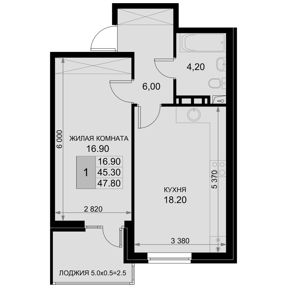 2-комн., 45.3 м², 6/7 этаж, ЖК «История»