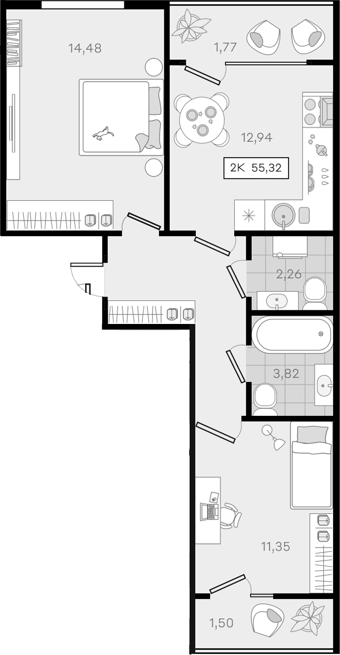 2-комн., 52.05 м², 6/8 этаж, ЖК «История 3»