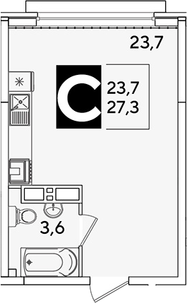 Студия, 27.3 м², 13/16 этаж, ЖК «Самолет»