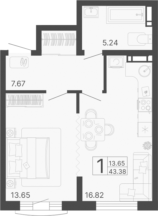 1-комн., 43.38 м², 4/14 этаж, ЖК «Светский лес»