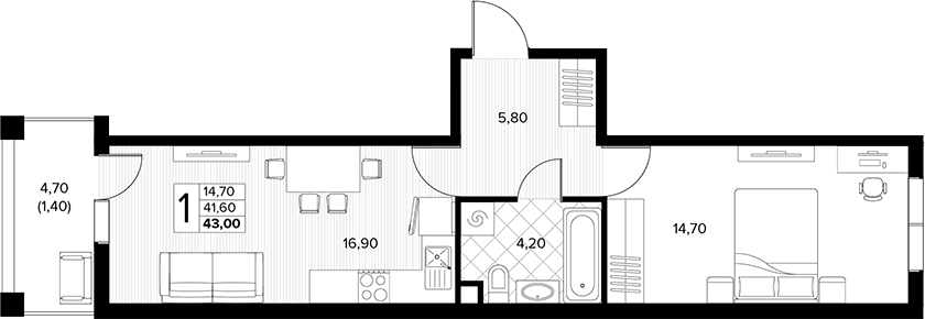 Продается 1-комн. квартира, 41.6 м²
