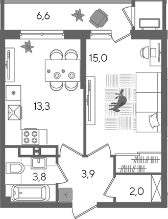 1-комн., 38 м², 23/24 этаж, ЖК «Рекорд»