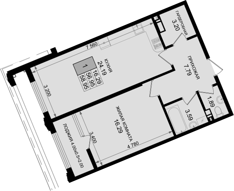 1-комн., 56.95 м², 7/8 этаж, ЖК «Резиденция морей»