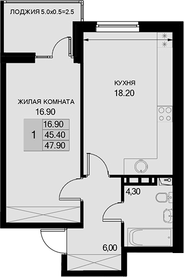 1-комн., 45.4 м², 5/7 этаж, ЖК «История»
