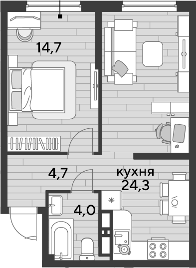 1-комн., 47.7 м², 16/19 этаж, ЖК «DОГМА ПАРК»