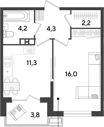 1-комн., 38 м², 4/9 этаж, ЖК «Парк Победы»