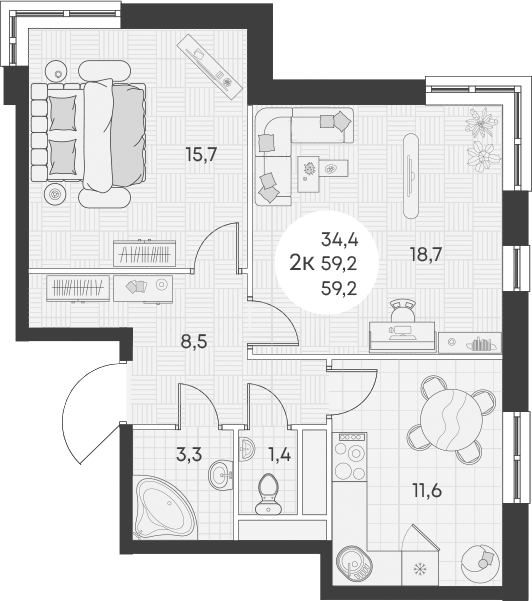 2-комн., 59.2 м², 10/15 этаж, ЖК «Грин Эппл»