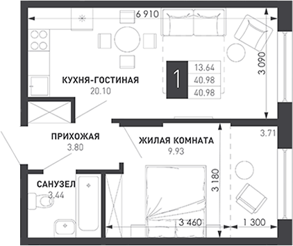 1-комн., 38.73 м², 5/9 этаж, ЖК «Иначе в Молодежном»