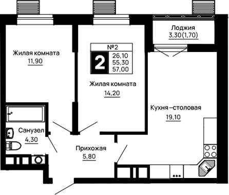 2-комн., 55.3 м², 8/16 этаж, ЖК «Традиции»