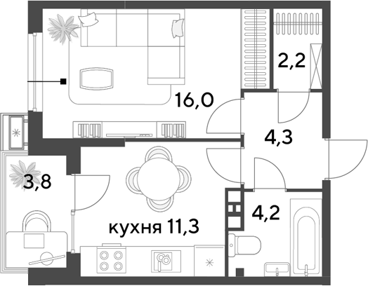 1-комн., 38 м², 3/9 этаж, ЖК «Парк Победы»