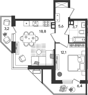 2-комн., 40.2 м², 3/24 этаж, ЖК «Рекорд»