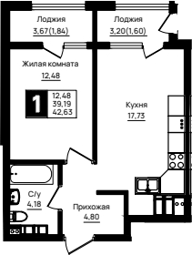 1-комн., 39.19 м², 10/18 этаж, ЖК «Резиденция морей»