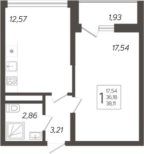 1-комн., 36.18 м², 19/19 этаж, ЖК «Кислород»