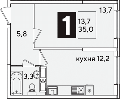 1-комн., 35 м², 11/16 этаж, ЖК «Самолет»