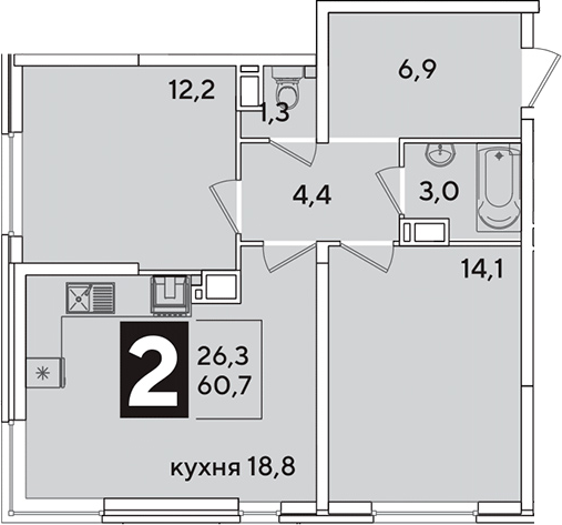 3-комн., 60.7 м², 10/16 этаж, ЖК «Самолет»