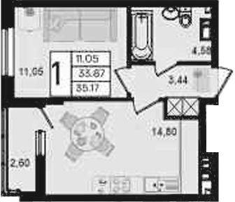 1-комн., 33.87 м², 2/9 этаж, ЖК «Дом 101»