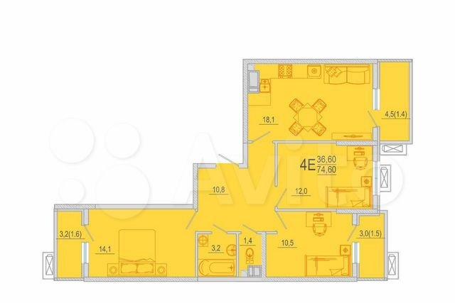 3-комн., 74.6 м², 6/12 этаж, ЖК «Микрорайон Южане»