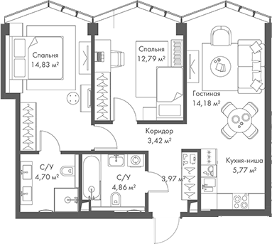 3-комн., 64.52 м², 6/24 этаж, ЖК «МИРА»
