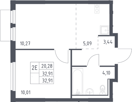 2-комн., 32.91 м², 17/17 этаж, ЖК «Пригород Лесное»