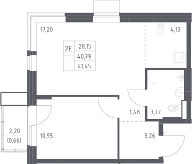 2-комн., 40.79 м², 11/17 этаж, ЖК «Квартал Авиаторов»