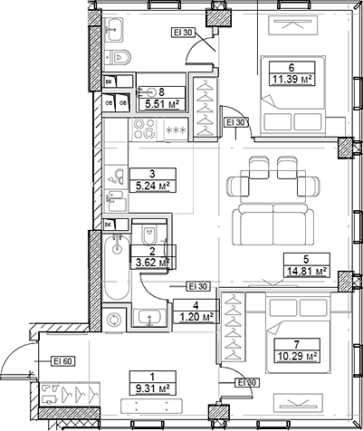 3-комн., 61.37 м², 24/48 этаж, ЖК «Сити Бэй»