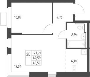 2-комн., 40.59 м², 3/12 этаж, ЖК «Новое Видное»