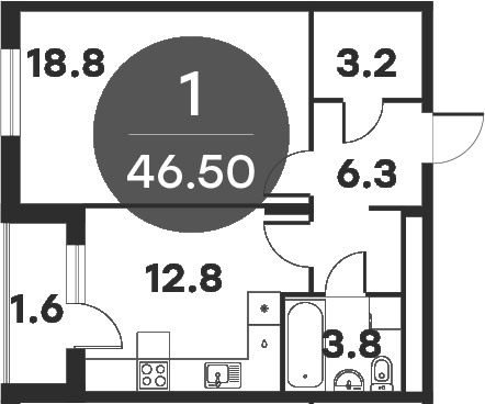 1-комн., 42.6 м², 3/6 этаж, ЖК «Равновесие»