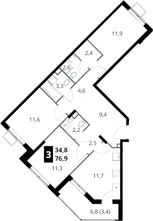 3-комн., 73.5 м², 8/17 этаж, ЖК «1-й Шереметьевский»