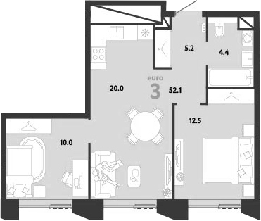 3-комн., 52.1 м², 16/38 этаж, ЖК «Страна.Заречная»